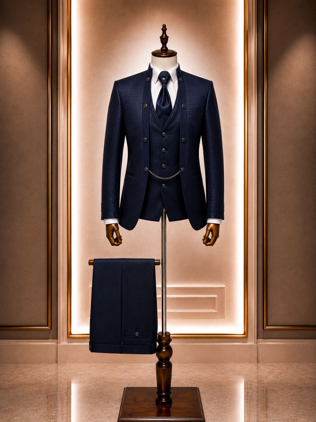 Costume Jacquard Col Mao Avec Fermeture Chaîne – Élégance Structurée